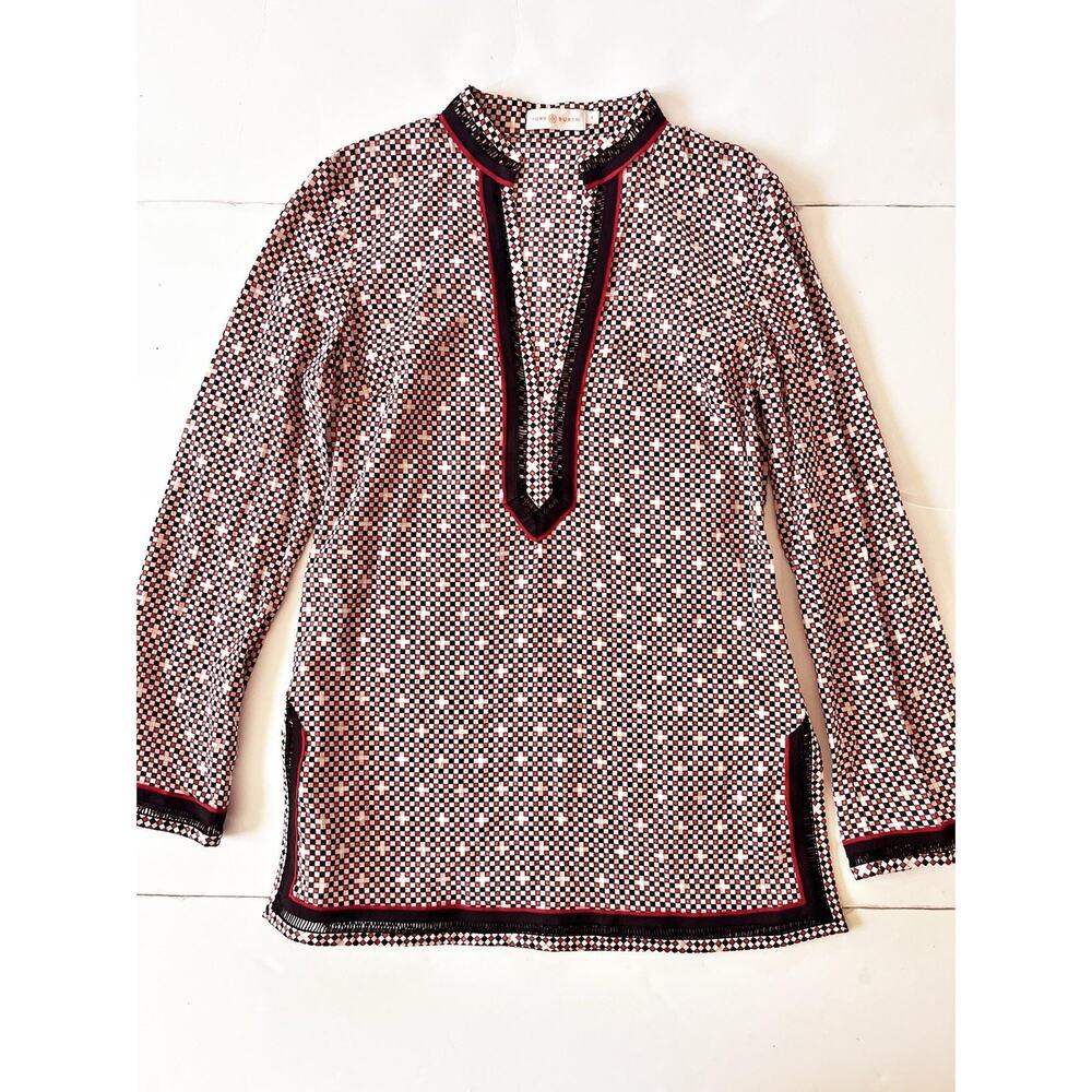 Tory Burch Blouse Womens 4 Multicolor Check Tunic V Neck Long Sleeve Cotton